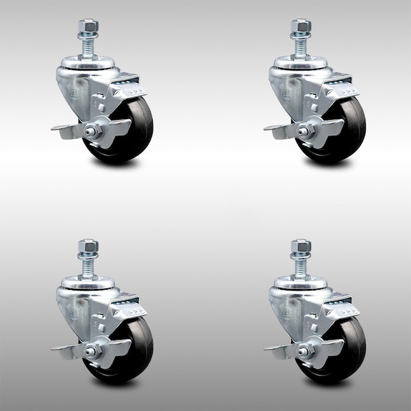 Service Caster 3 Inch SS Hard Rubber Wheel Swivel 10mm Threaded Stem Caster Set Brake SCC SCC-SSTS20S314-HRS-TLB-M1015-4 - main